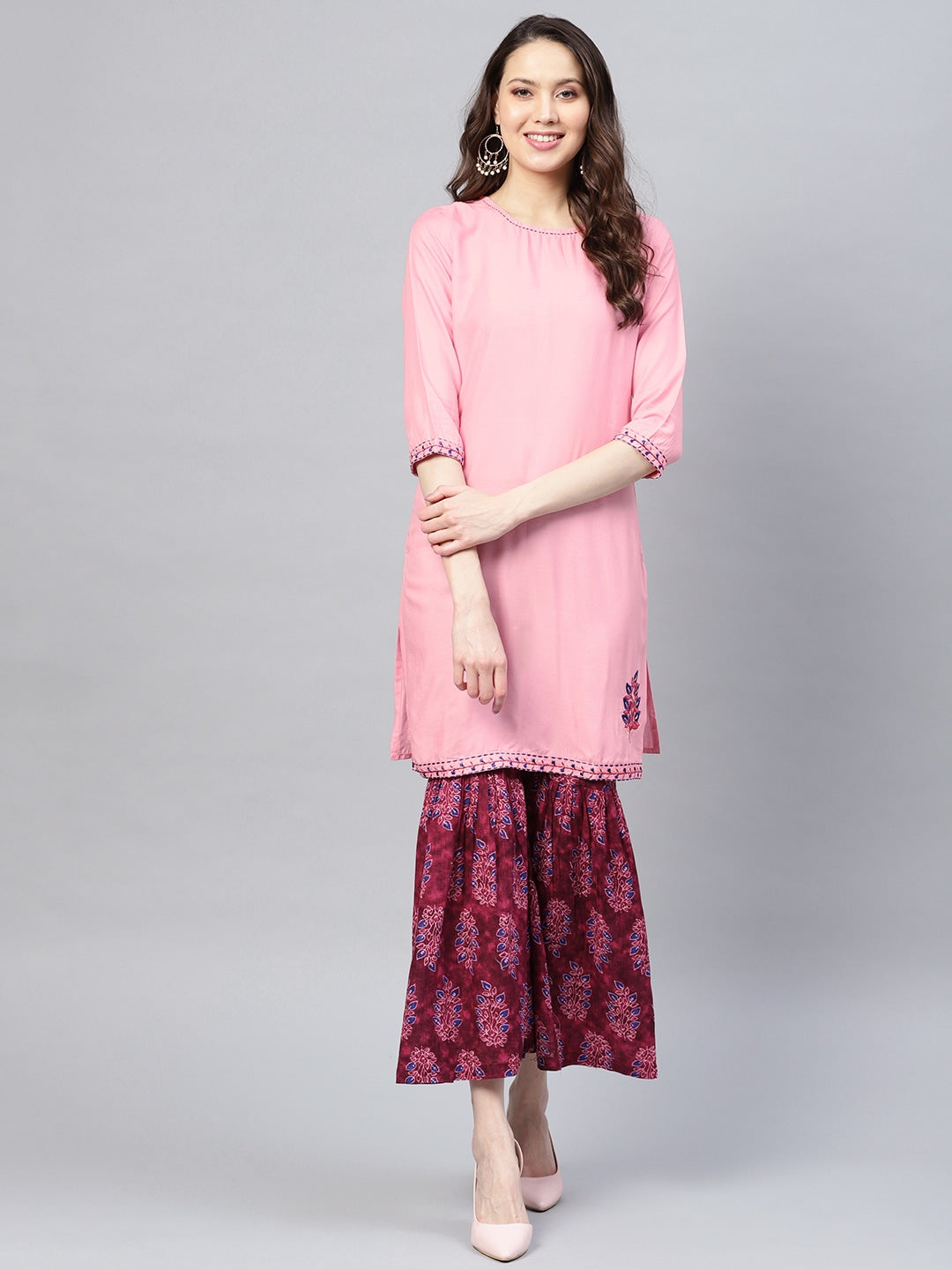 Pink & Burgundy Solid Kurta Set-Yufta Store-1858SETPKS