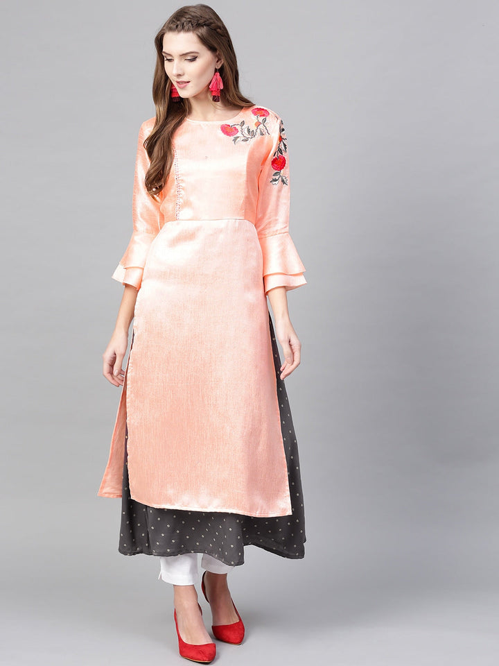 Pink & Charcoal Grey A-Line Kurta-Yufta Store-YUFDKU1811S