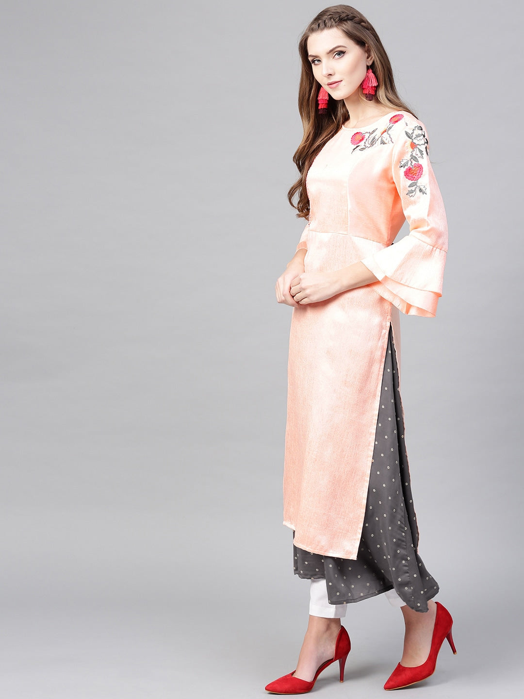 Pink & Charcoal Grey A-Line Kurta-Yufta Store-YUFDKU1811S