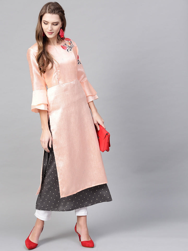 Pink & Charcoal Grey A-Line Kurta-Yufta Store-YUFDKU1811S