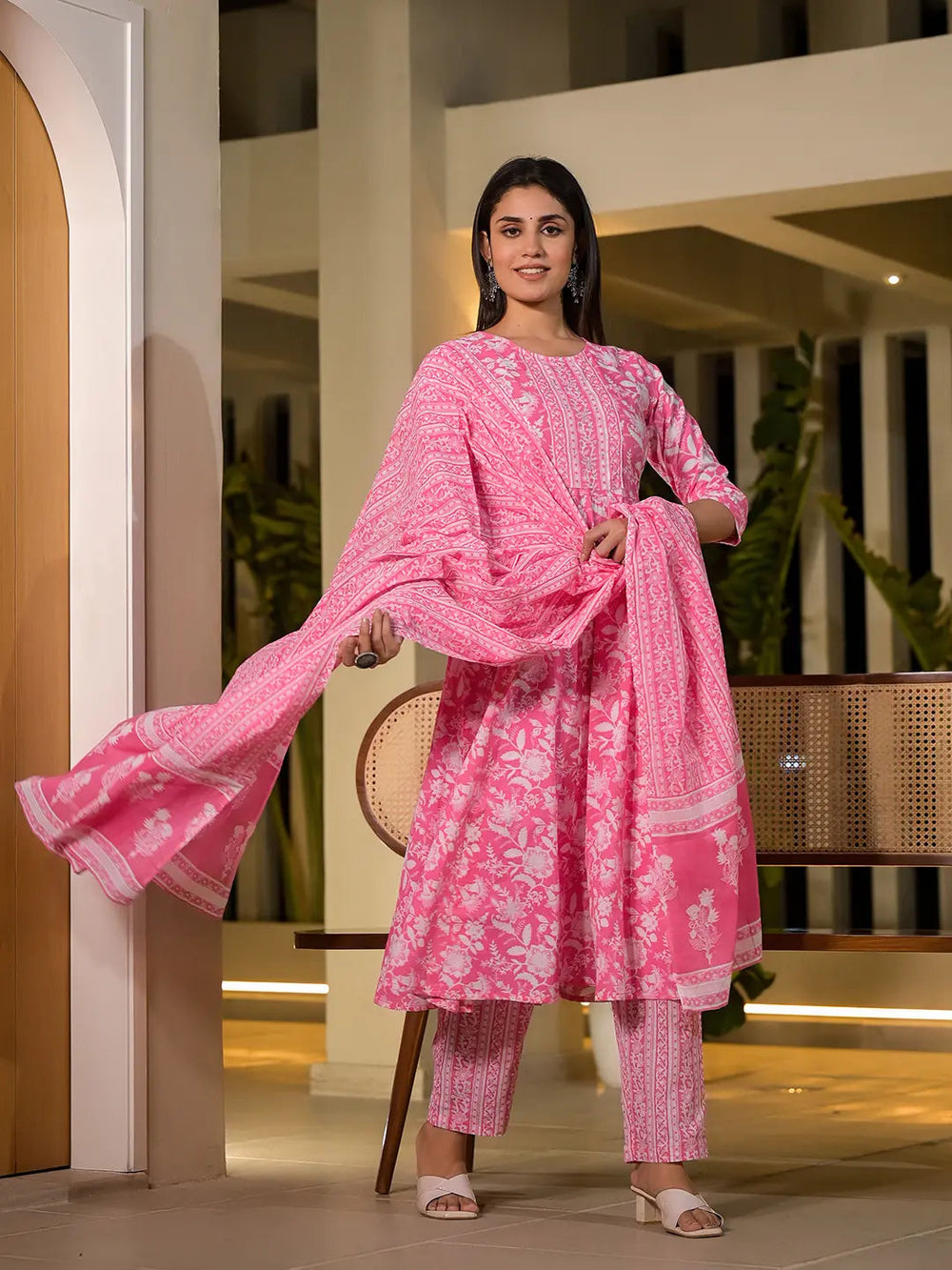 Pink Cotton Anarkali Style Sequins_Work Kurta With Trousers And Dupatta Set-Yufta Store-6892SKDPKS