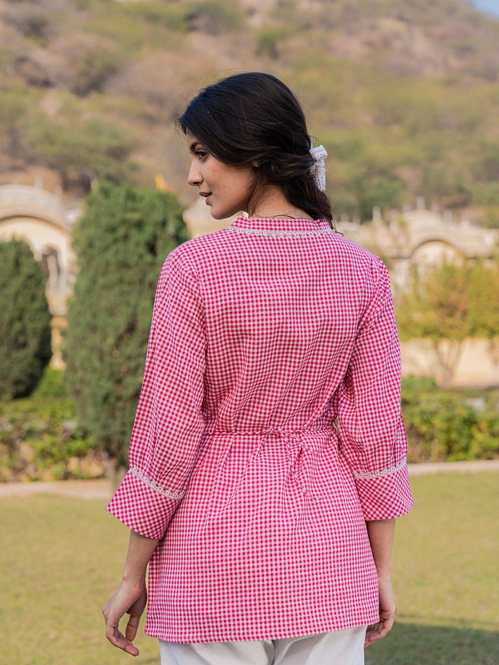 Pink Cotton Checks Embroidery Top-Yufta Store-1502TOPPKS