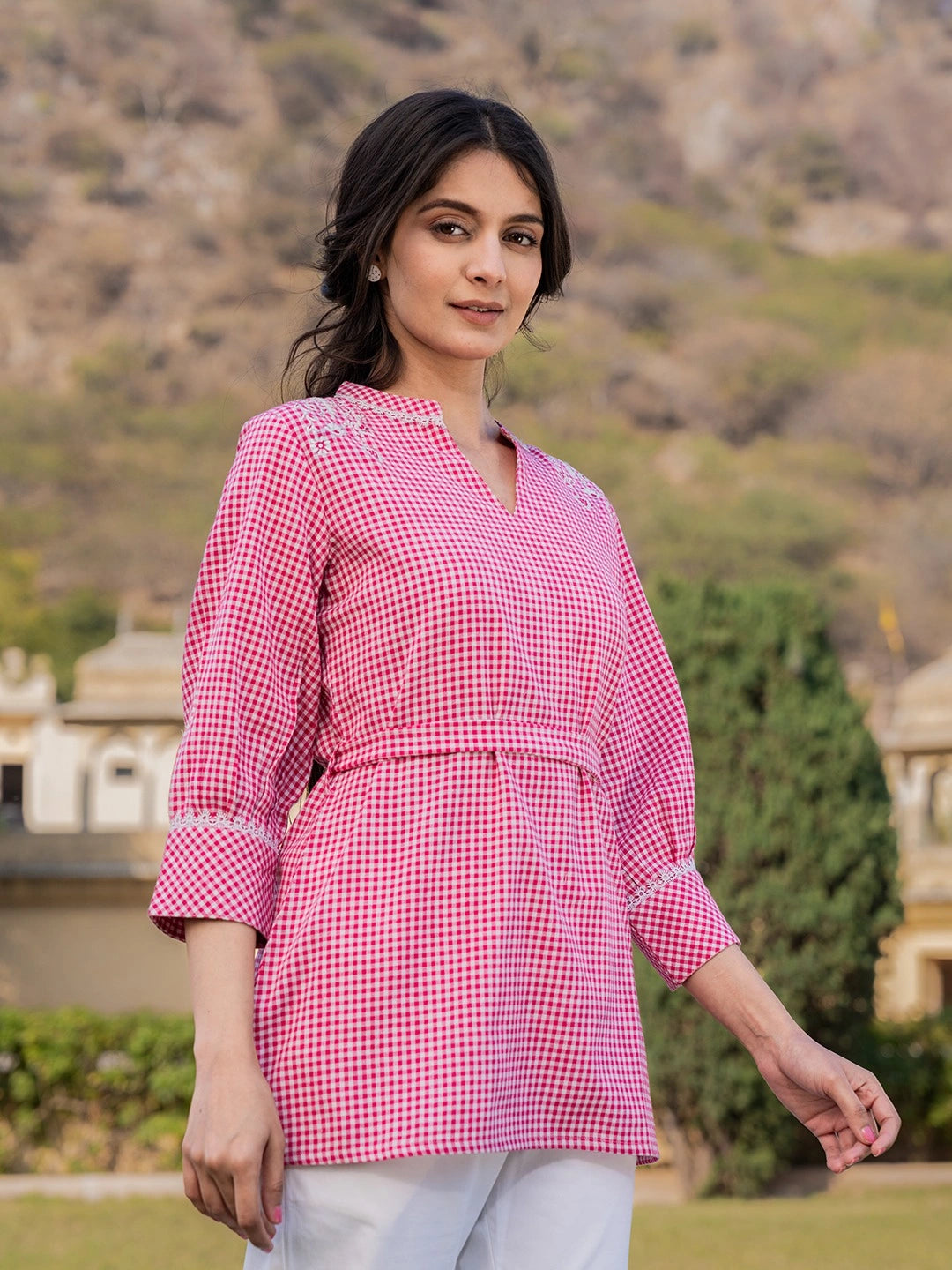 Pink Cotton Checks Embroidery Top-Yufta Store-1502TOPPKS