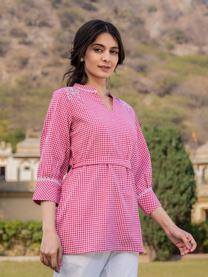 Pink Cotton Checks Embroidery Top
