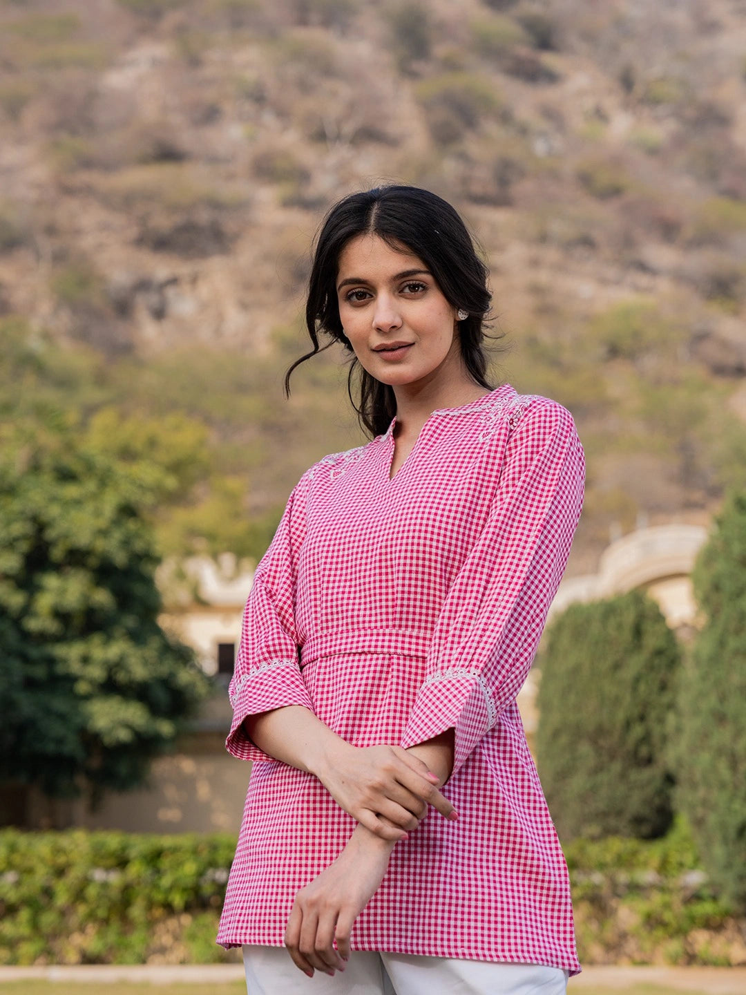 Pink Cotton Checks Embroidery Top-Yufta Store-1502TOPPKS