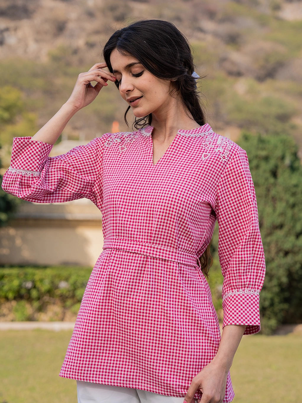 Pink Cotton Checks Embroidery Top