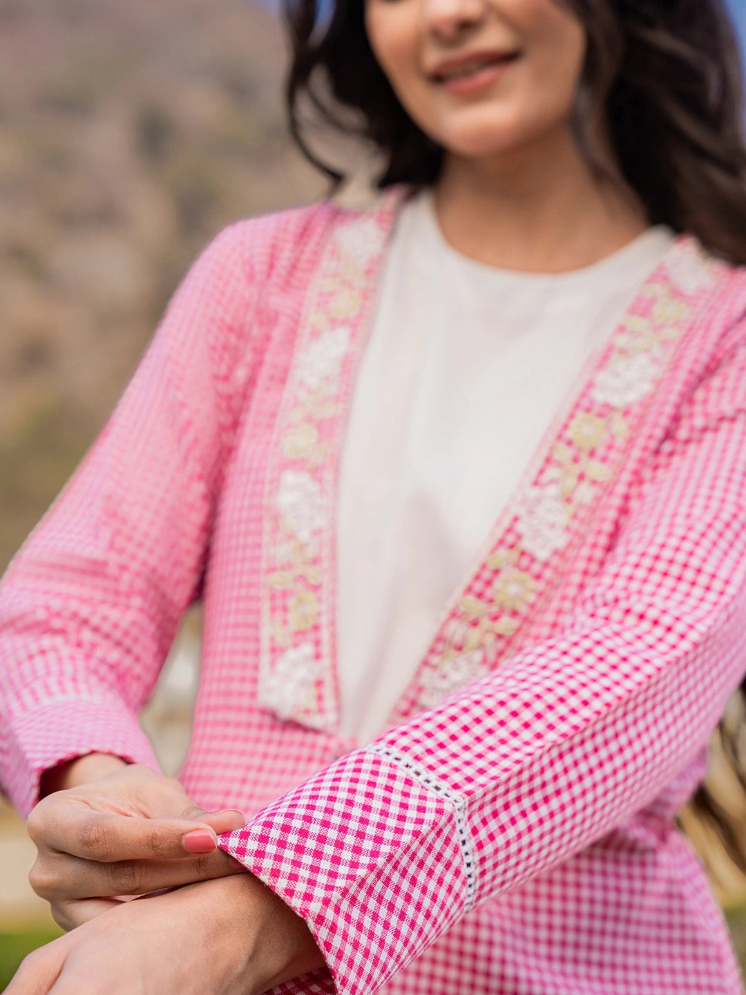 Pink Cotton Checks Print Shawl Neck Co-Ord Set With Embroidery-Yufta Store-1512CRDPKS