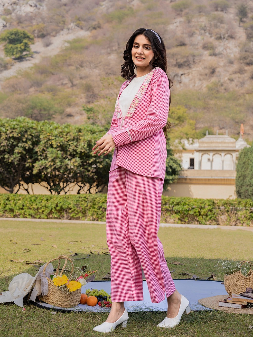 Pink Cotton Checks Print Shawl Neck Co-Ord Set With Embroidery-Yufta Store-1512CRDPKS