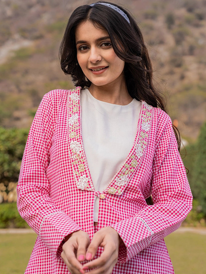 Pink Cotton Checks Print Shawl Neck Co-Ord Set With Embroidery-Yufta Store-1512CRDPKS