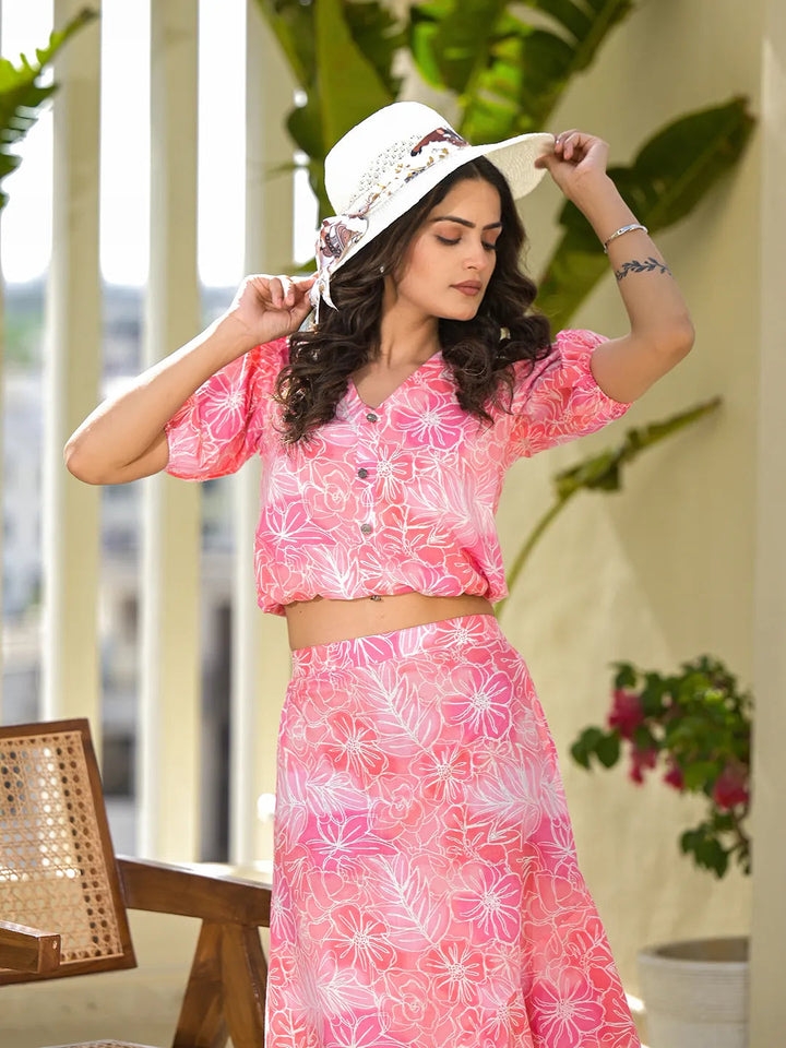 Pink Cotton Floral Print Co-Ord Set-Yufta Store-6912CRDPKS