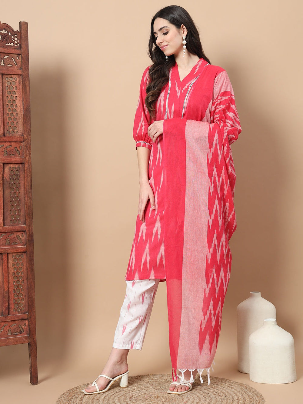 Pink Cotton Ikat Kurta Dupatta Set-Yufta Store-1890SKDPKS