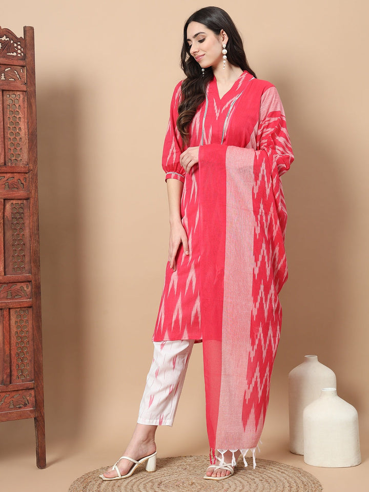 Pink Cotton Ikat Kurta Dupatta Set-Yufta Store-1890SKDPKS