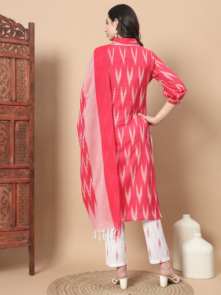 Pink Cotton Ikat Kurta Dupatta Set-Yufta Store-1890SKDPKS