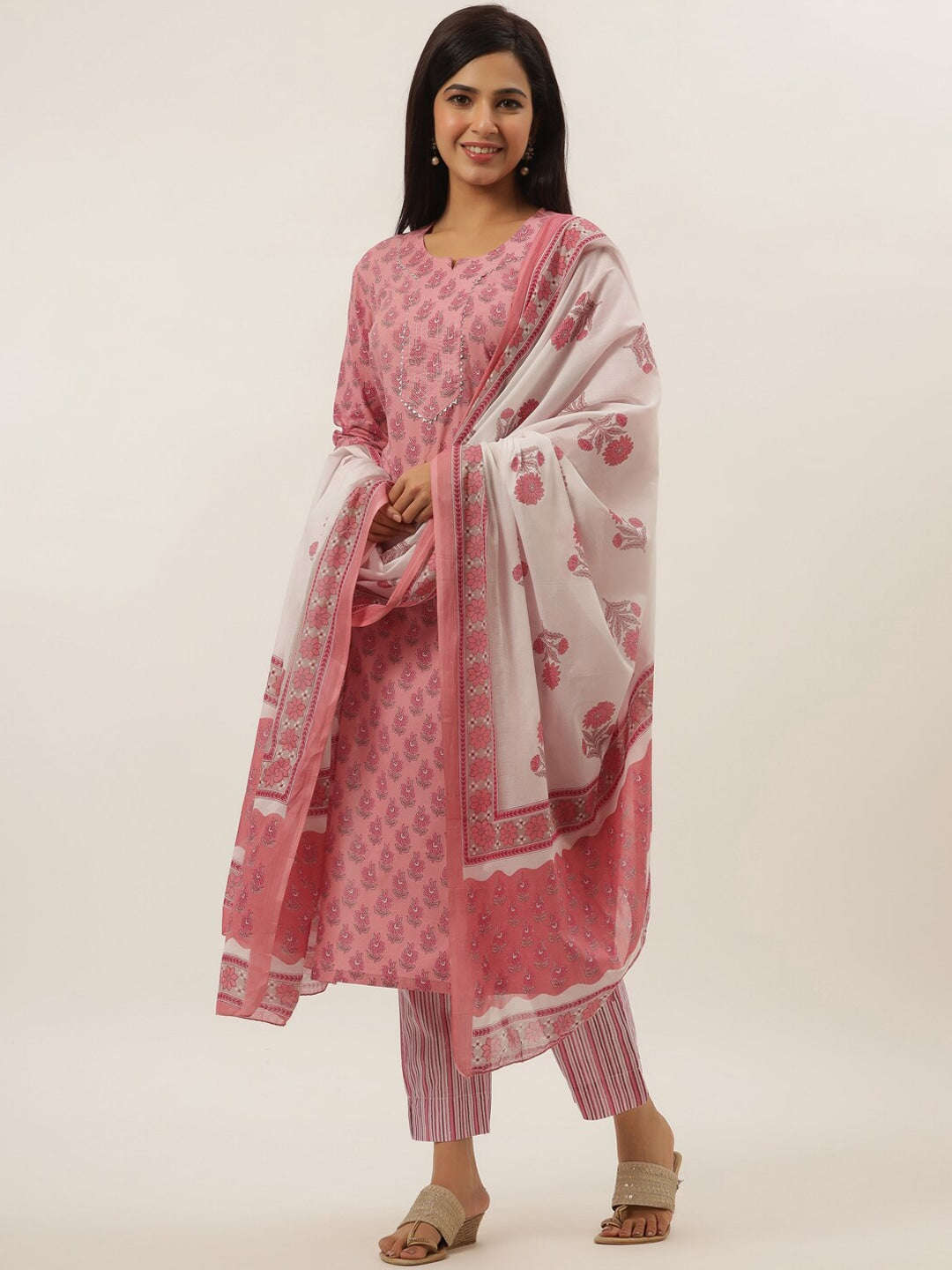 Pink Cotton Printed Dupatta Set-Yufta Store-9790SKDPKS