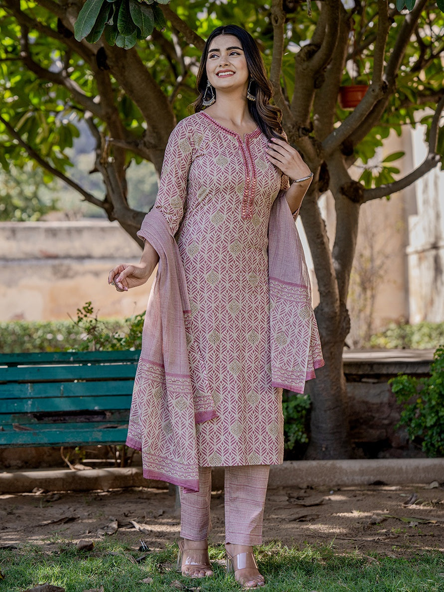 Pink Cotton Three Quarter Regular Sleeves Straight Kurta Dupatta Set-Yufta Store-1830SKDPKS