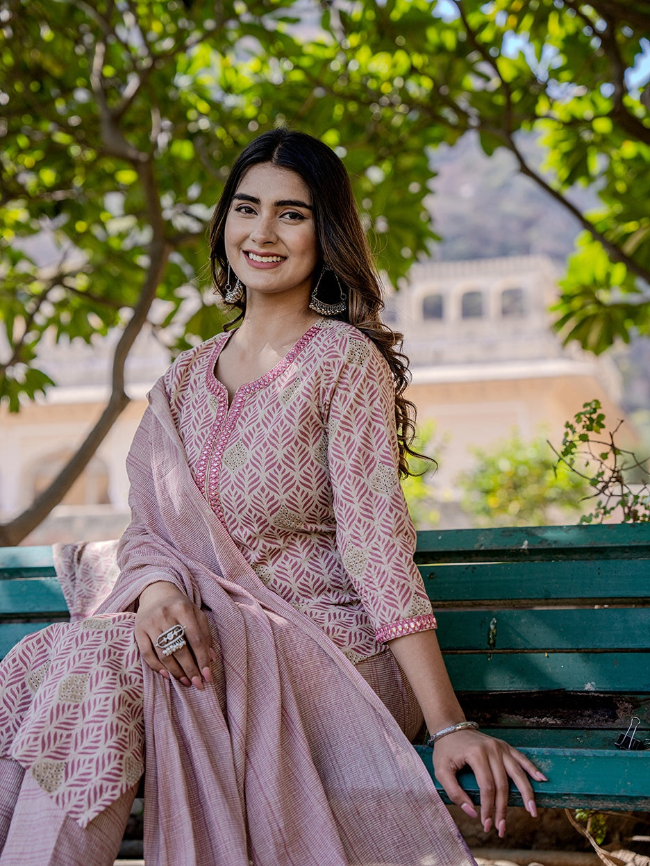 Pink Cotton Three Quarter Regular Sleeves Straight Kurta Dupatta Set-Yufta Store-1830SKDPKS