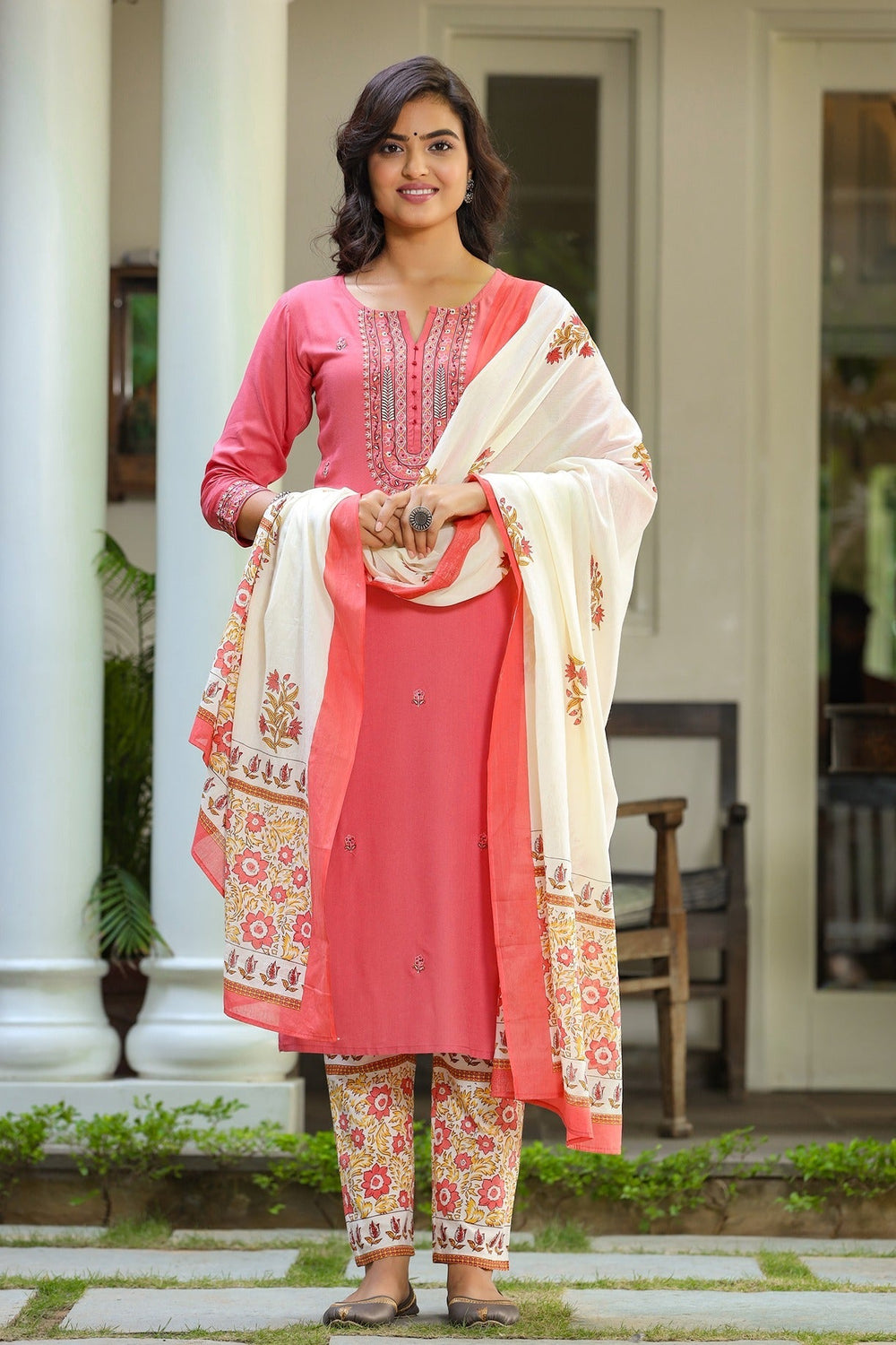 Pink & Cream Dupatta Set-Yufta Store-9044SKDPKS