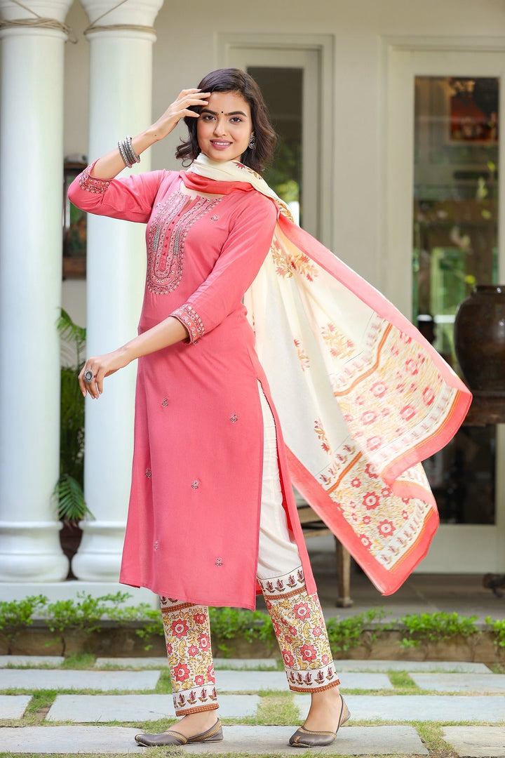 Pink & Cream Dupatta Set-Yufta Store-9044SKDPKS