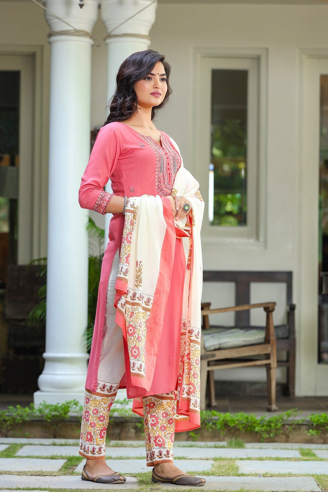 Pink & Cream Dupatta Set-Yufta Store-9044SKDPKS