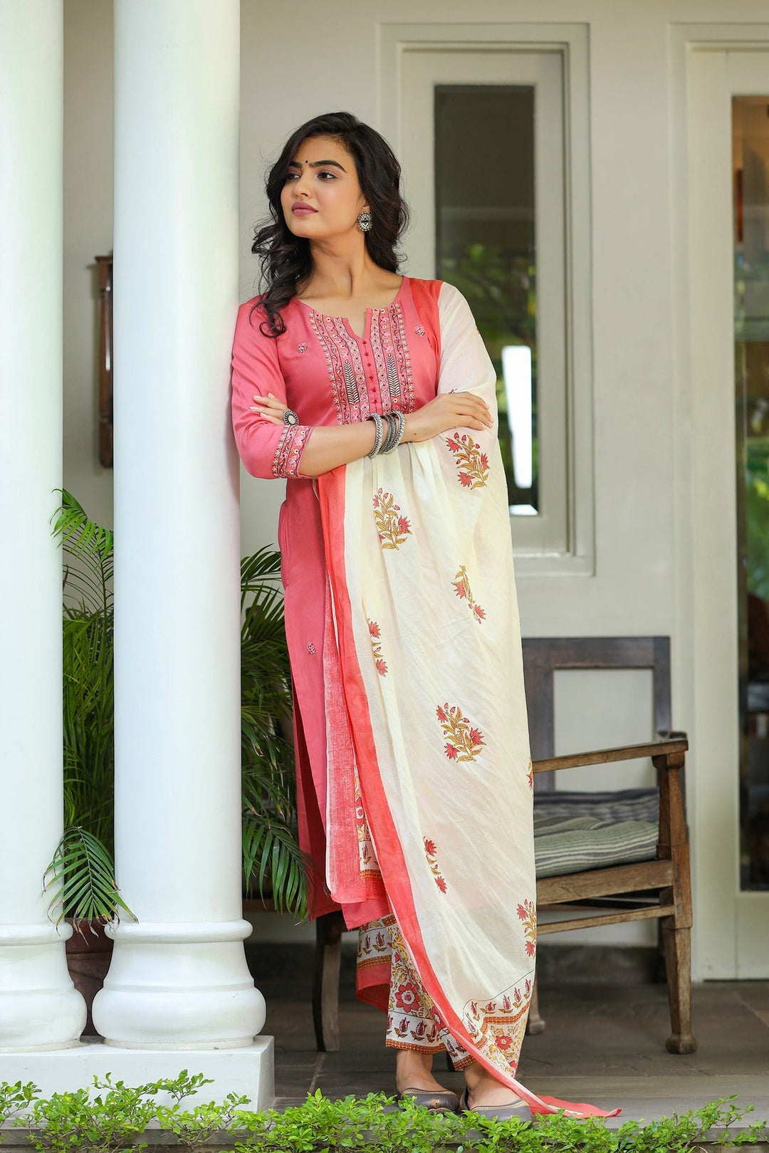 Pink & Cream Dupatta Set-Yufta Store-9044SKDPKS