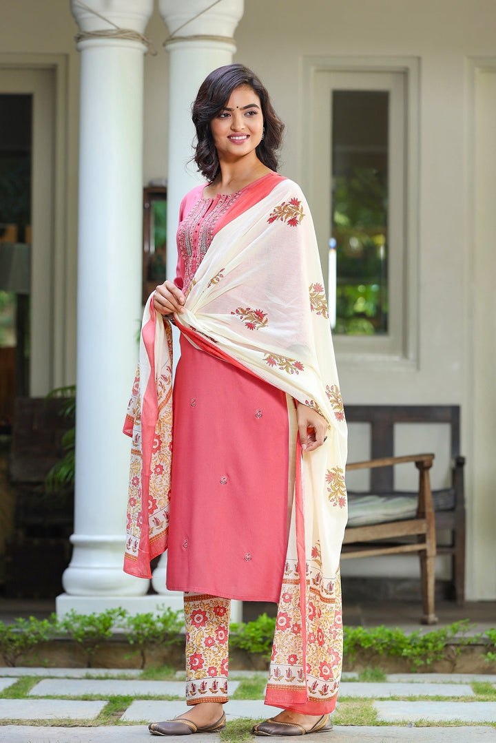 Pink & Cream Dupatta Set-Yufta Store-9044SKDPKS