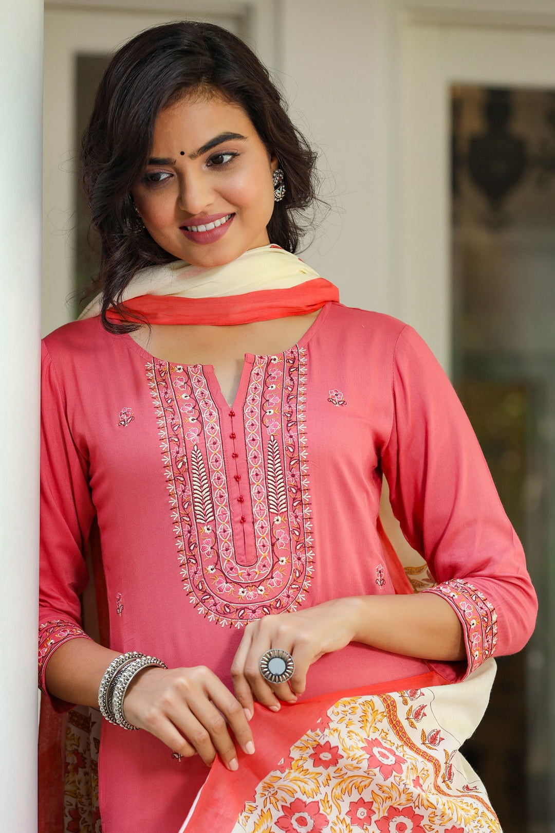 Pink & Cream Dupatta Set-Yufta Store-9044SKDPKS