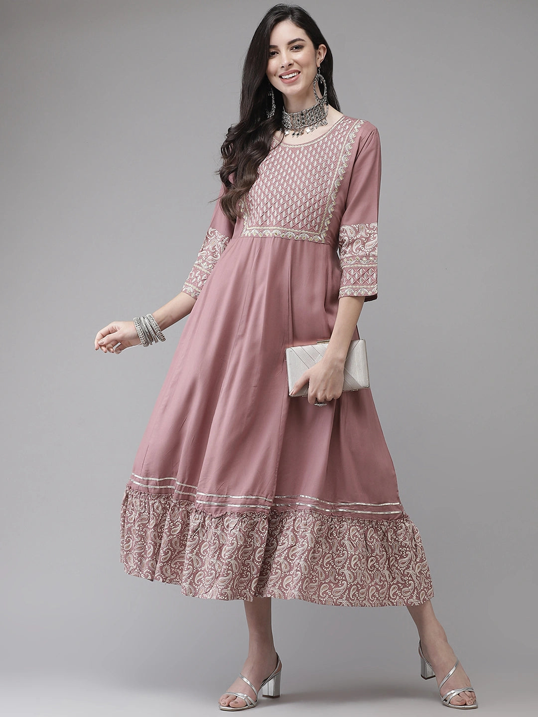Pink Embroidered Dress-Yufta Store-2119DRSPKM