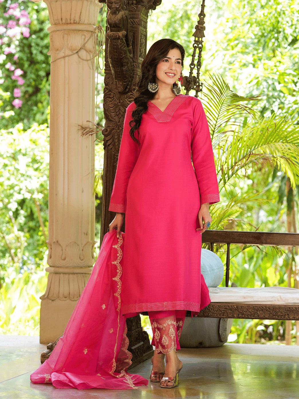 Pink Embroidered Straight Kurta Trouser And Dupatta Set-Yufta Store-1348SKDPKS