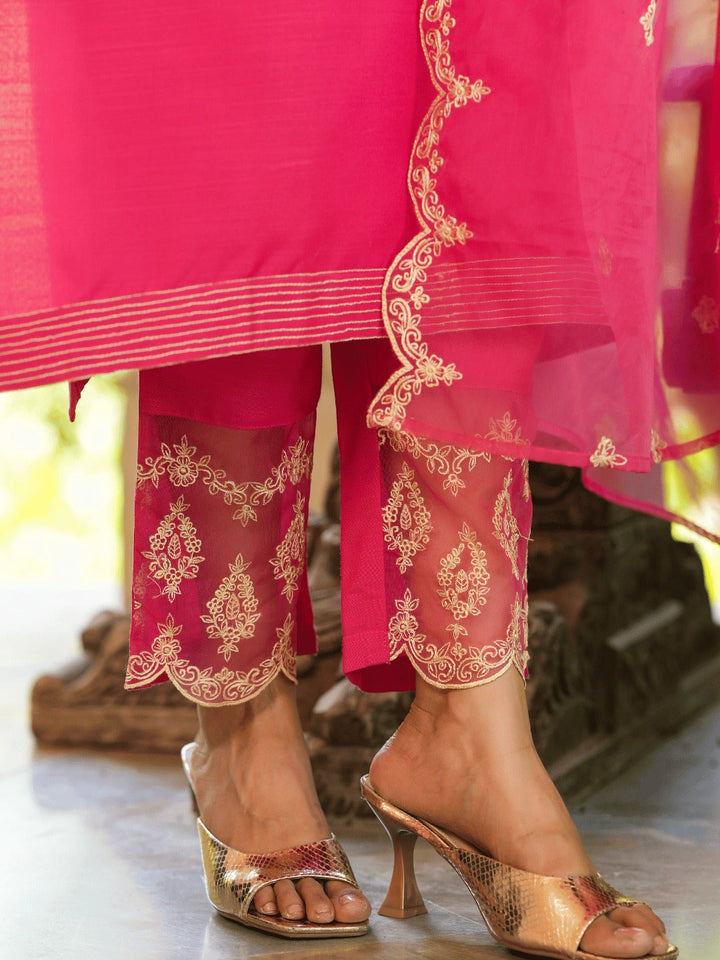 Pink Embroidered Straight Kurta Trouser And Dupatta Set-Yufta Store-1348SKDPKS