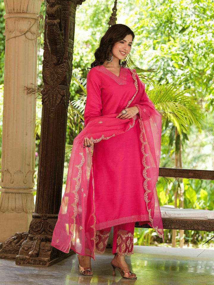 Pink Embroidered Straight Kurta Trouser And Dupatta Set-Yufta Store-1348SKDPKS