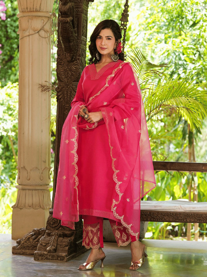 Pink Embroidered Straight Kurta Trouser And Dupatta Set-Yufta Store-1348SKDPKS