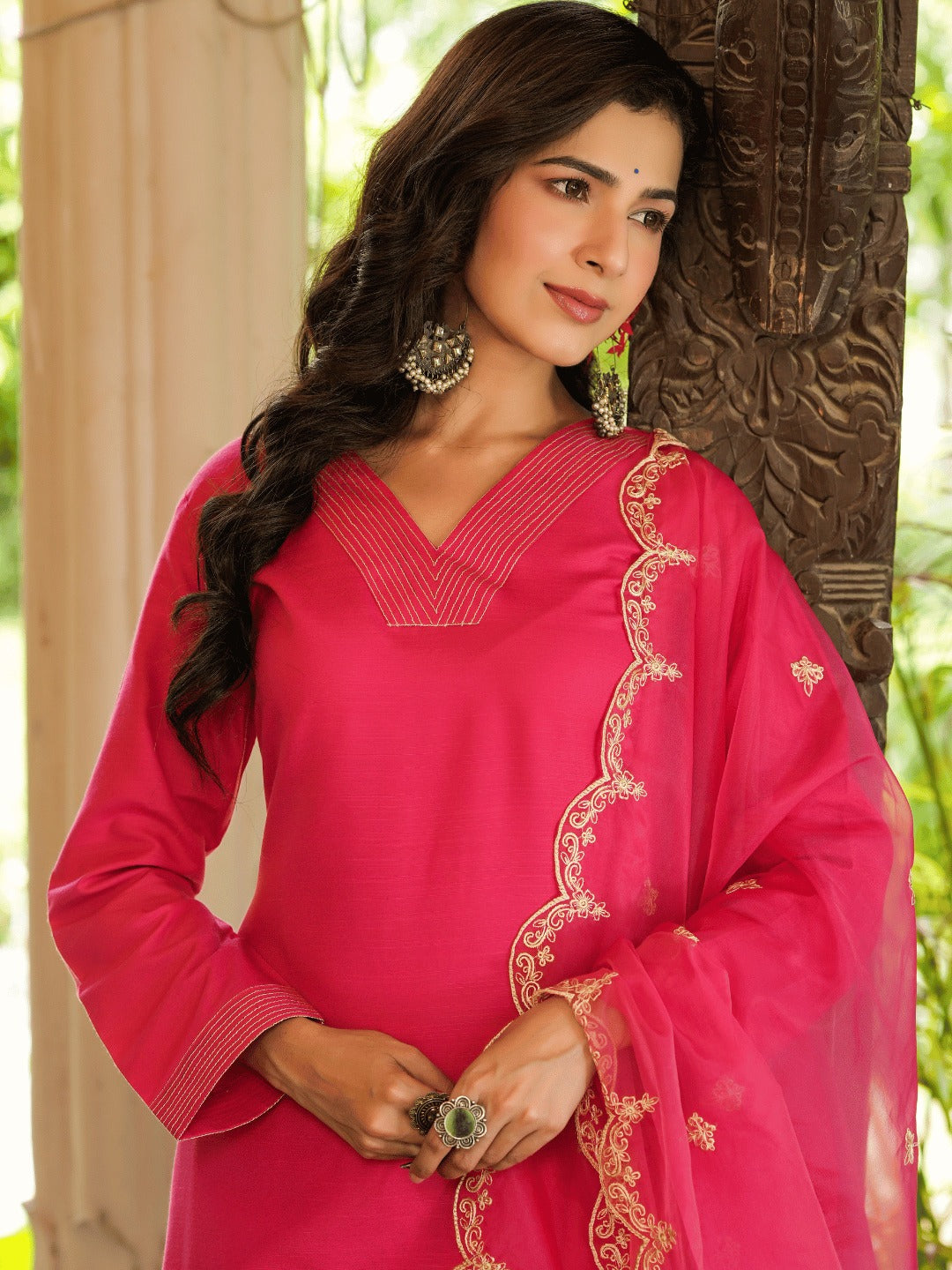 Pink Embroidered Straight Kurta Trouser And Dupatta Set-Yufta Store-1348SKDPKS