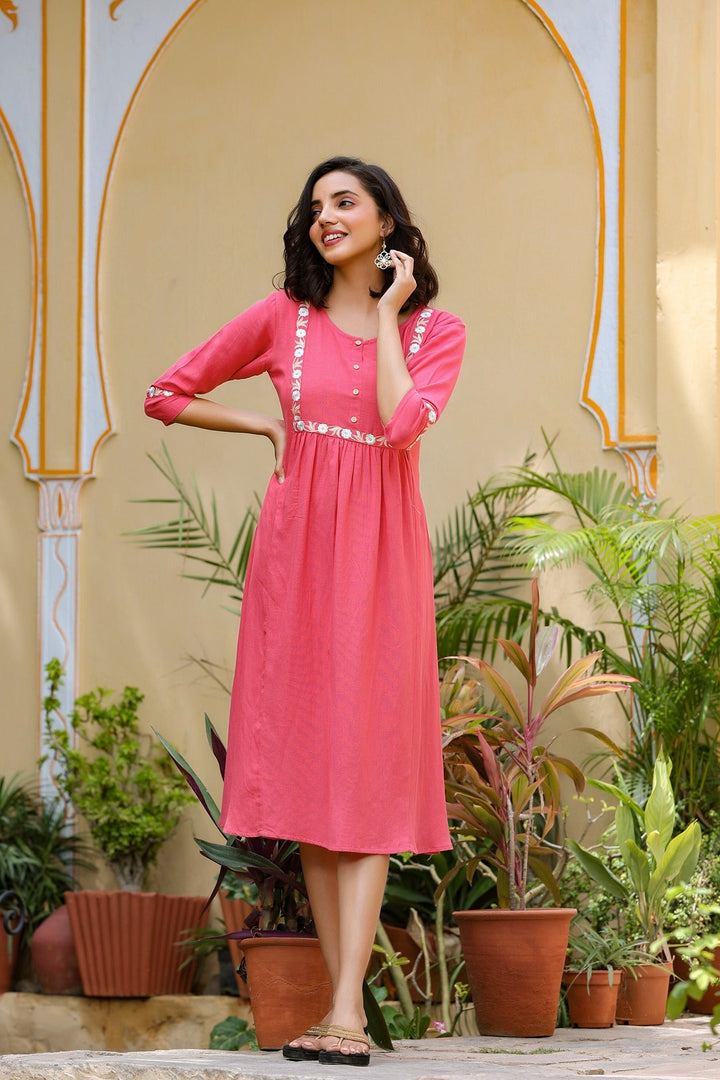 Pink Embroidered Yoke Design Kurta-Yufta Store-9231KURPKS