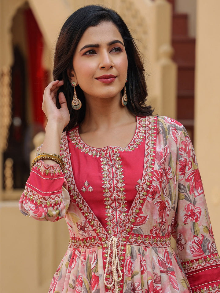 Pink Embroidered shrug Crop top co ord set-Yufta Store-1685CRDPKS