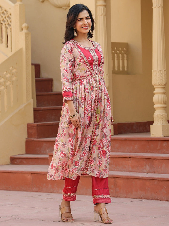 Pink Embroidered shrug Crop top co ord set-Yufta Store-1685CRDPKS