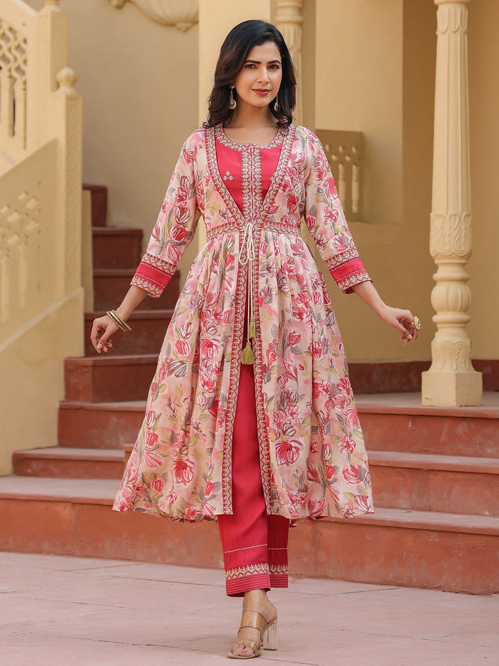 Pink Embroidered shrug Crop top co ord set-Yufta Store-1685CRDPKS