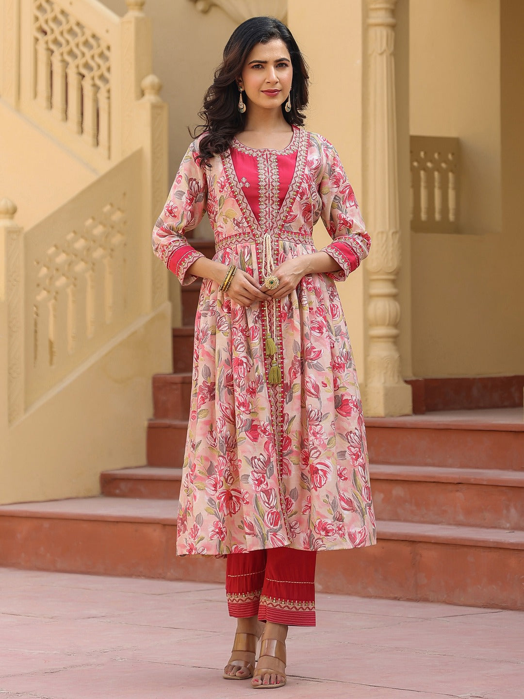 Pink Embroidered shrug Crop top co ord set-Yufta Store-1685CRDPKS