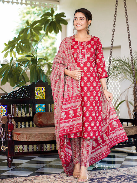 Pink Embroidery Straight Kurta Trouser And Dupatta Set-Yufta Store-1347SKDPKS