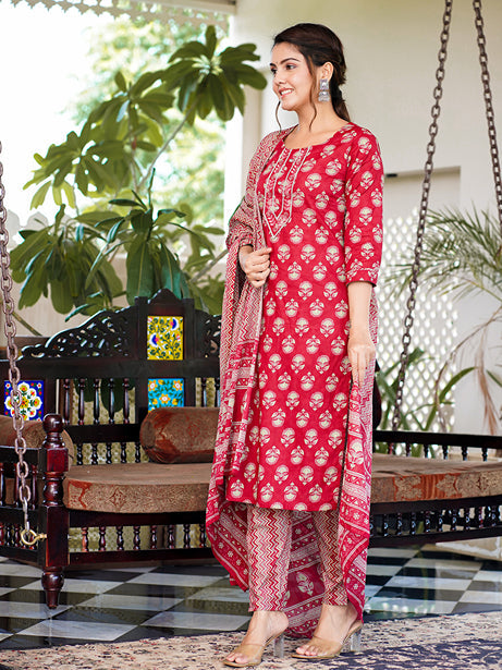 Pink Embroidery Straight Kurta Trouser And Dupatta Set-Yufta Store-1347SKDPKS