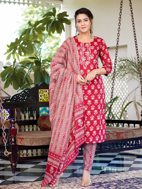 Pink Embroidery Straight Kurta Trouser And Dupatta Set-Yufta Store-1347SKDPKS