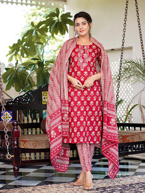 Pink Embroidery Straight Kurta Trouser And Dupatta Set-Yufta Store-1347SKDPKS