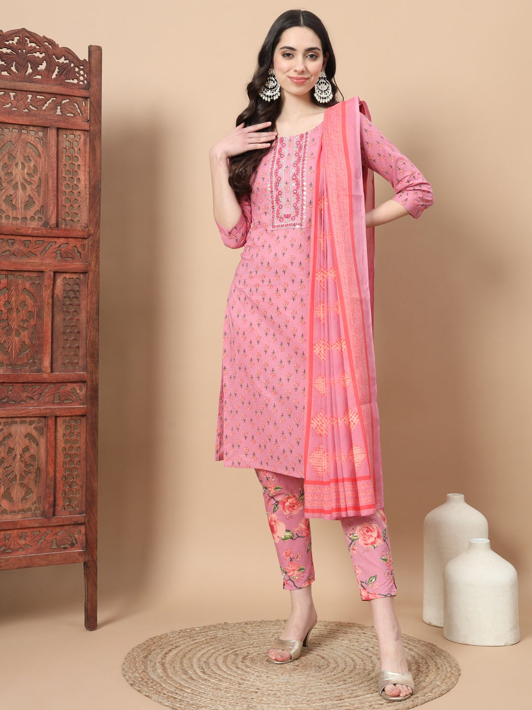 Pink Ethnic Motifs Cotton Kurta Dupatta Set-Yufta Store-6815SKDPKS