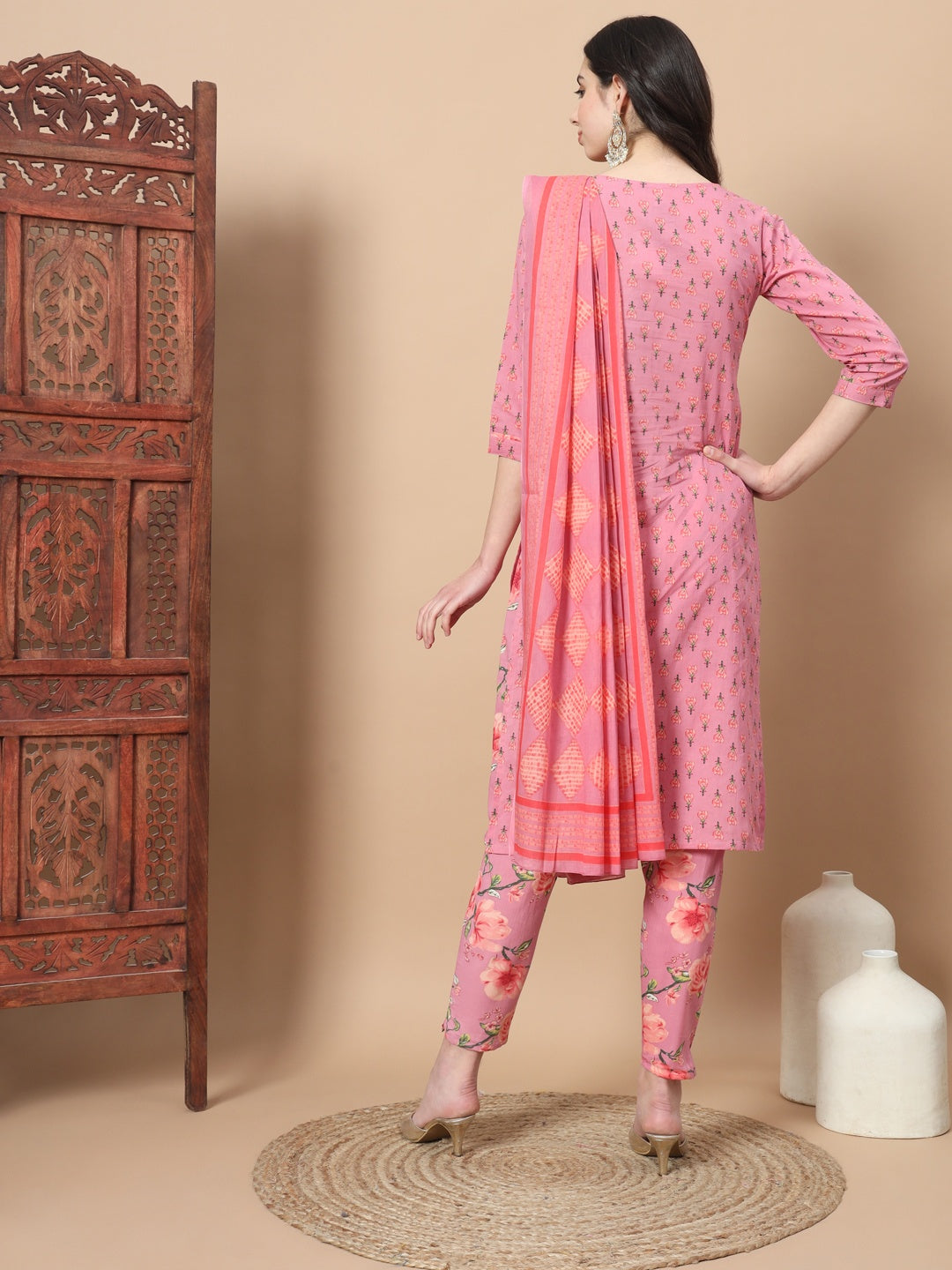 Pink Ethnic Motifs Cotton Kurta Dupatta Set-Yufta Store-6815SKDPKS