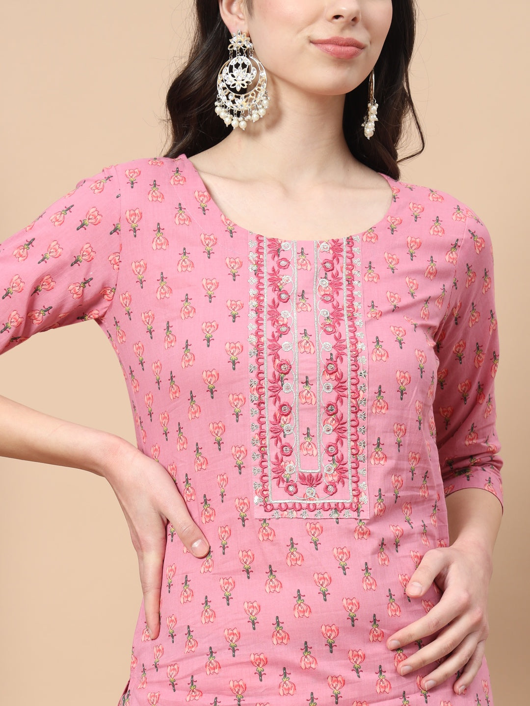 Pink Ethnic Motifs Cotton Kurta Dupatta Set-Yufta Store-6815SKDPKS