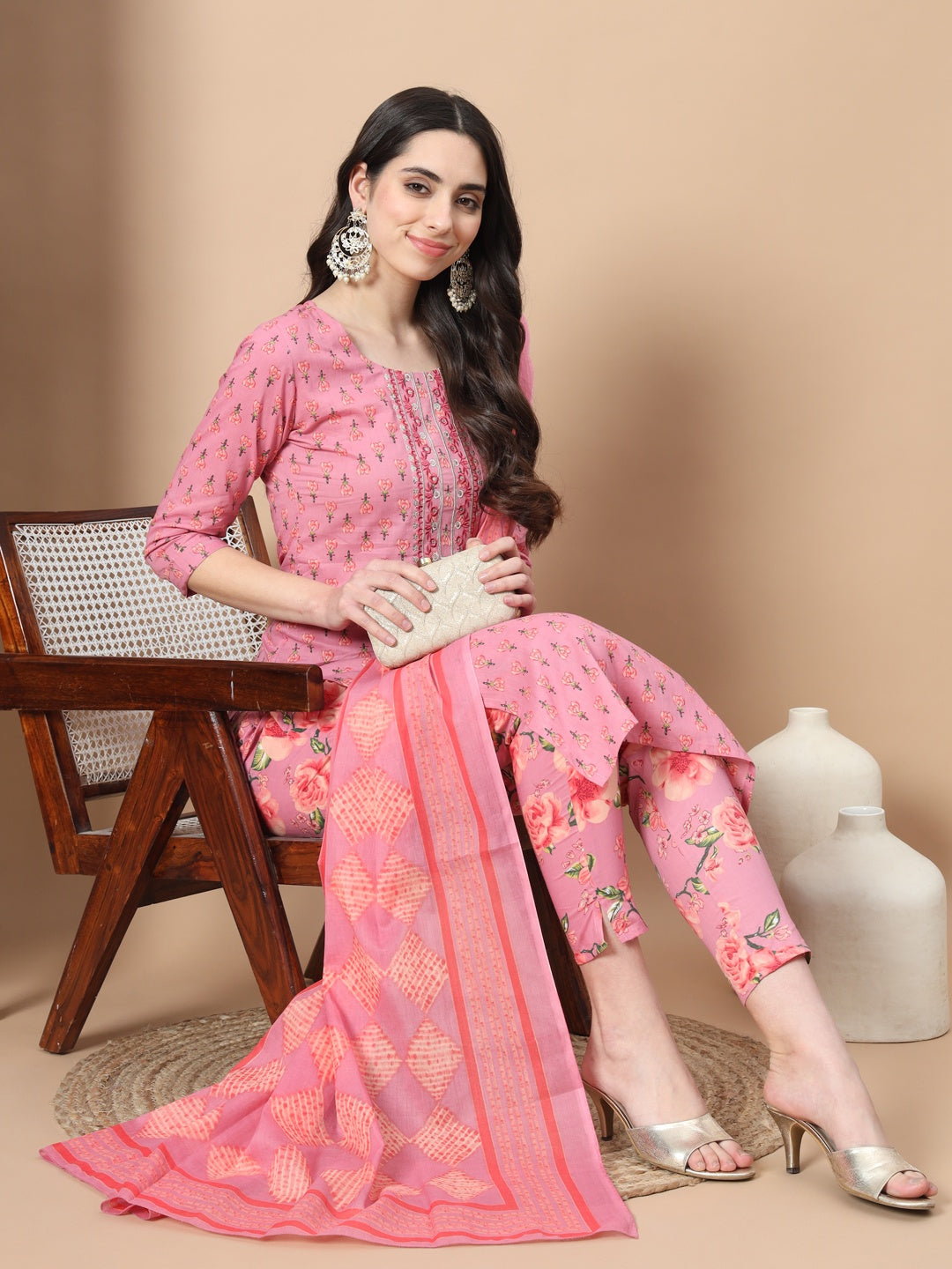 Pink Ethnic Motifs Cotton Kurta Dupatta Set-Yufta Store-6815SKDPKS