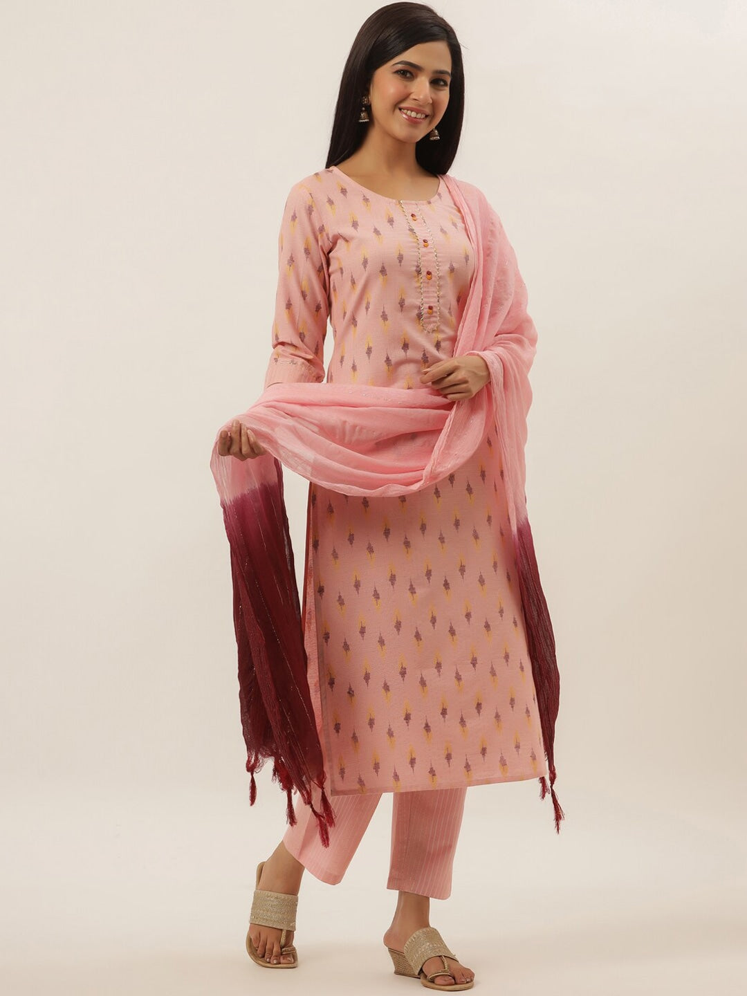 Pink Ethnic Motifs Cotton Printed Dupatta Set-Yufta Store-9811SKDPKS