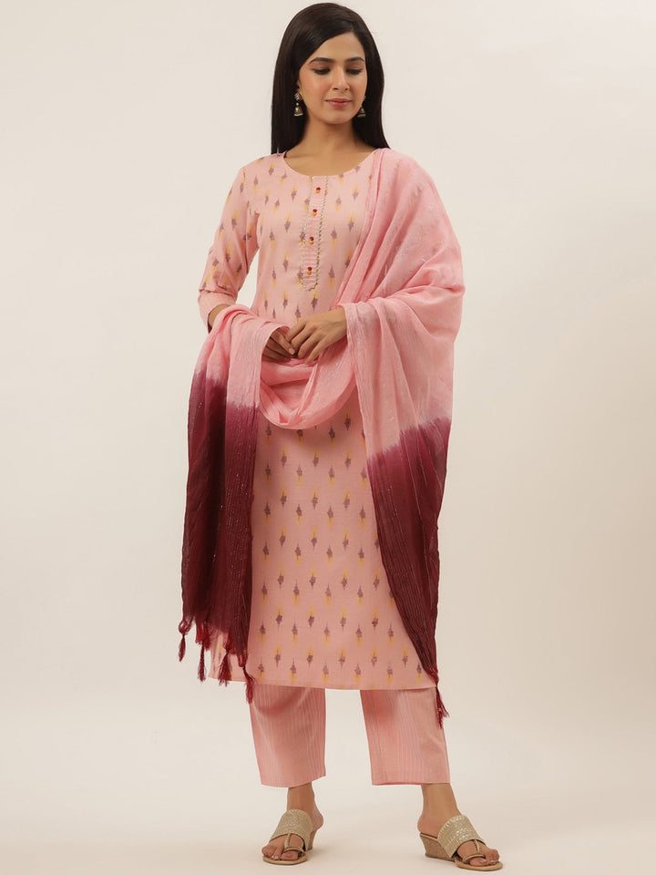 Pink Ethnic Motifs Cotton Printed Dupatta Set-Yufta Store-9811SKDPKS