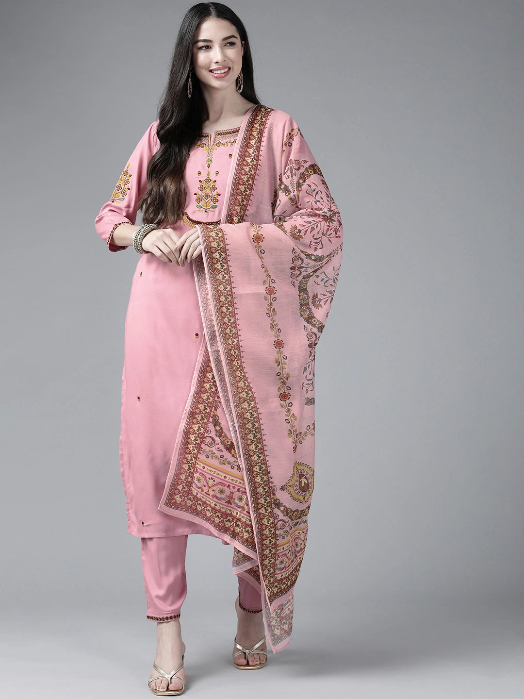 Pink Ethnic Motifs Embroidered Dupatta Set-Yufta Store-9373SKDPKS