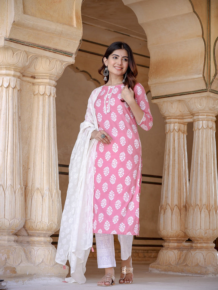 Pink Ethnic Motifs Printed Dupatta Set-Yufta Store-9720SKDPKS