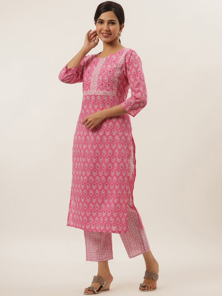 Pink Ethnic Motifs Printed Kurta Set-Yufta Store-6205SETPKS